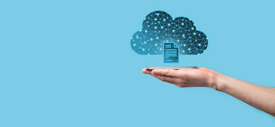 Cloud technology. Polygonal wireframe cloud storage sign with document icon o Stock Photos