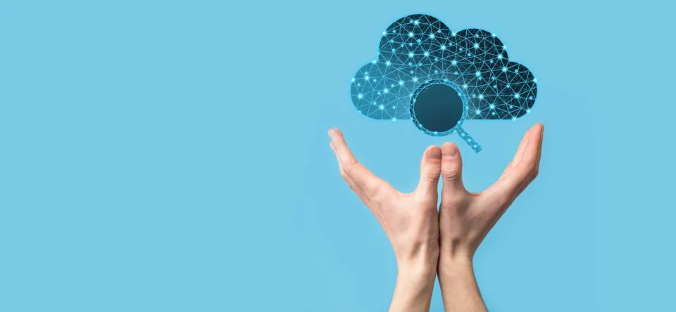 Cloud technology. Polygonal wireframe cloud storage sign with search magnifie Stock Photos