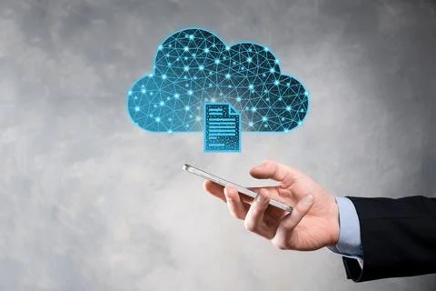 Cloud technology. Polygonal wireframe cloud storage sign with document icon o Foto stock