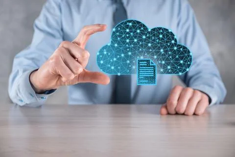 Cloud technology. Polygonal wireframe cloud storage sign with document icon o Foto stock