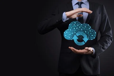 Cloud technology. Polygonal wireframe cloud storage sign with two arrows up a Stock Photos