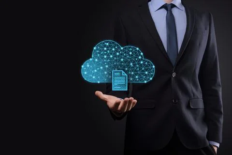 Cloud technology. Polygonal wireframe cloud storage sign with document icon o Stock Photos