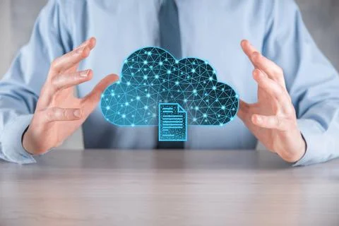 Cloud technology. Polygonal wireframe cloud storage sign with document icon o Foto stock