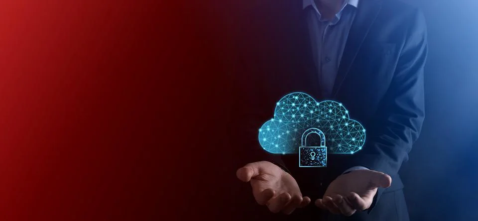 Cloud technology. Polygonal wireframe cloud storage sign with padlock on dark Photos