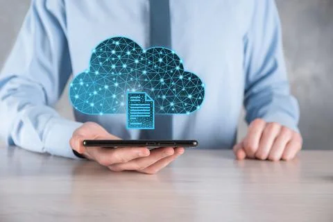 Cloud technology. Polygonal wireframe cloud storage sign with document icon o 写真素材