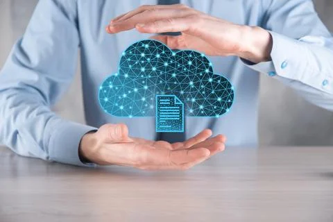 Cloud technology. Polygonal wireframe cloud storage sign with document icon o 写真素材