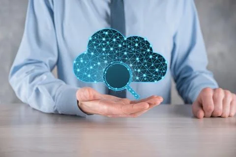 Cloud technology. Polygonal wireframe cloud storage sign with search magnifie Stock Photos