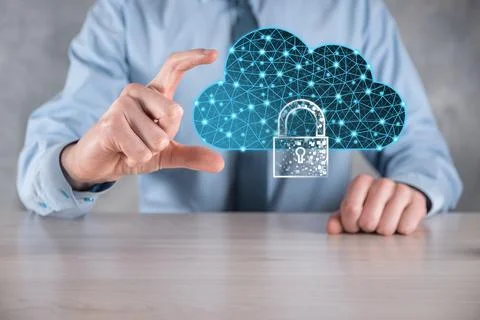 Cloud technology. Polygonal wireframe cloud storage sign with padlock on dark Фото