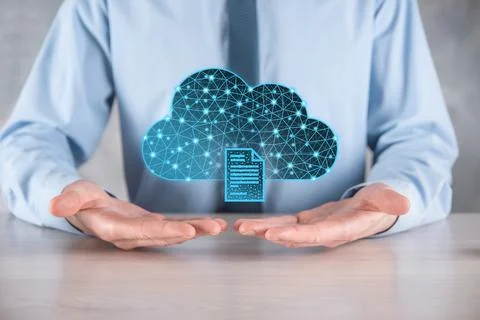 Cloud technology. Polygonal wireframe cloud storage sign with document icon o Stock Photos