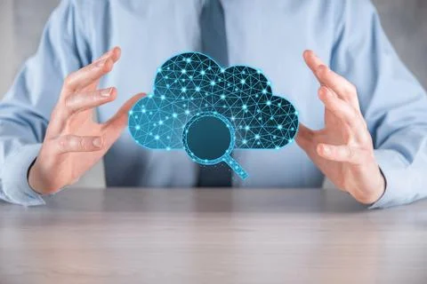 Cloud technology. Polygonal wireframe cloud storage sign with search magnifie Stock Photos