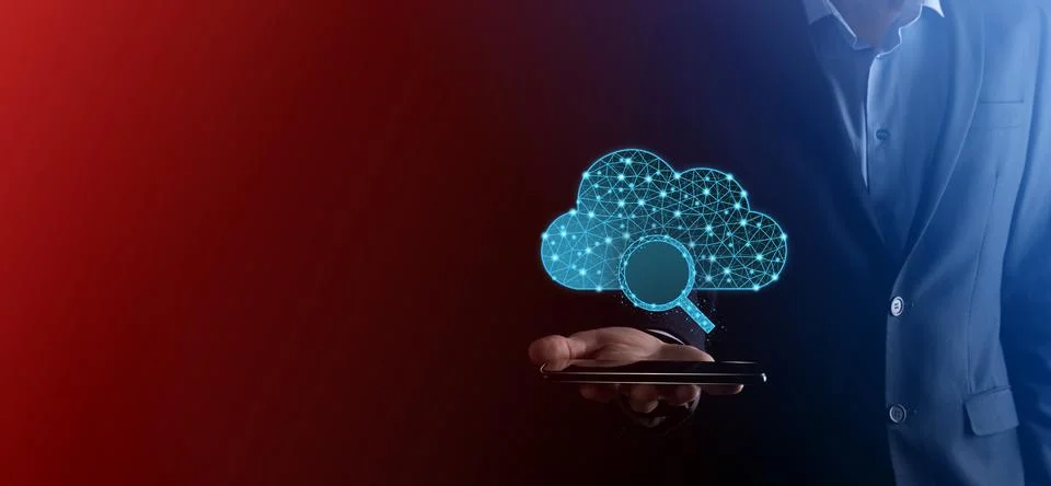 Cloud technology. Polygonal wireframe cloud storage sign with search magnifie Stock Photos