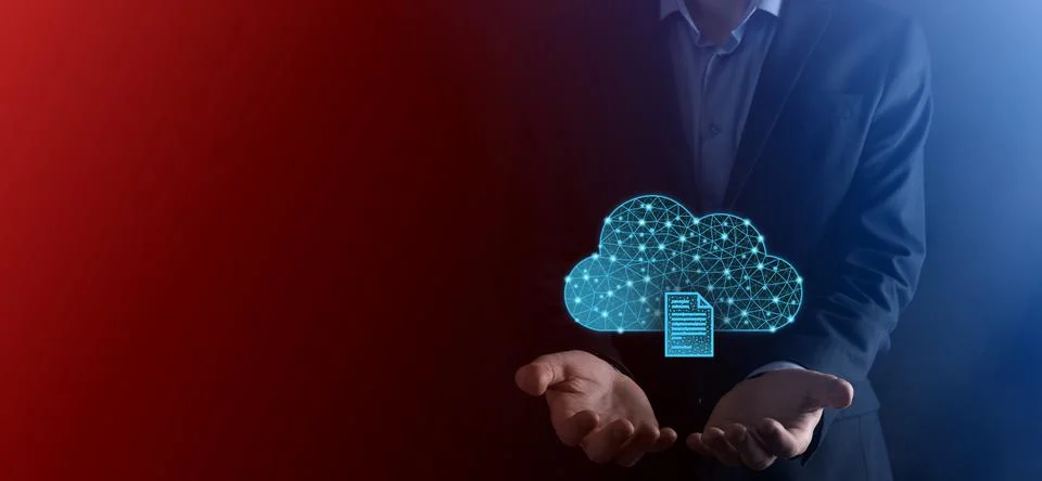 Cloud technology. Polygonal wireframe cloud storage sign with document icon o 写真素材