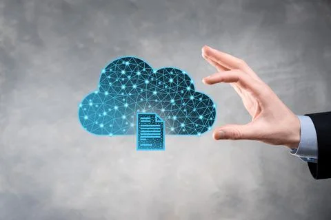 Cloud technology. Polygonal wireframe cloud storage sign with document icon o Foto stock