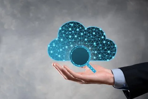 Cloud technology. Polygonal wireframe cloud storage sign with search magnifie Stock Photos