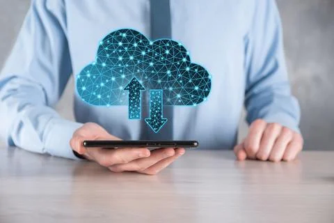 Cloud technology. Polygonal wireframe cloud storage sign with two arrows up a Stockfoto's