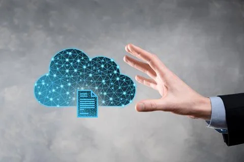 Cloud technology. Polygonal wireframe cloud storage sign with document icon o Foto stock