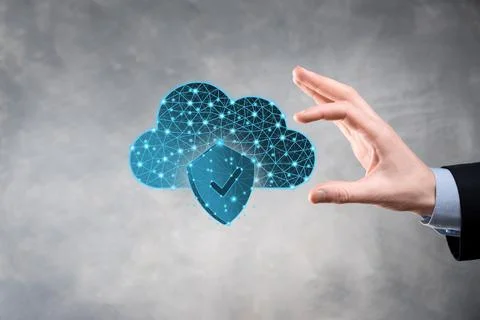 Cloud technology. Polygonal wireframe cloud storage sign with shield with a t Photos