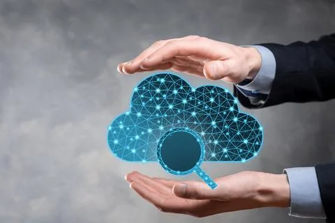 Cloud technology. Polygonal wireframe cloud storage sign with search magnifie Stock Photos