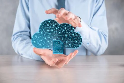 Cloud technology. Polygonal wireframe cloud storage sign with document icon o 写真素材