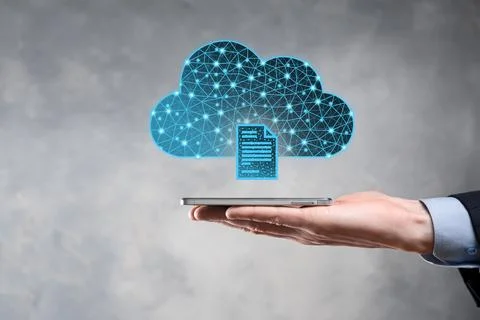 Cloud technology. Polygonal wireframe cloud storage sign with document icon o 写真素材