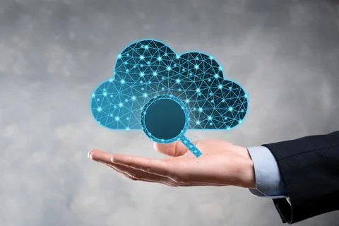 Cloud technology. Polygonal wireframe cloud storage sign with search magnifie Stock Photos