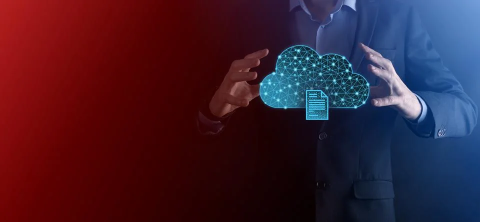 Cloud technology. Polygonal wireframe cloud storage sign with document icon o Foto stock