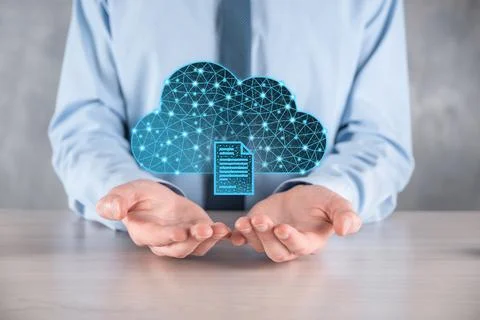 Cloud technology. Polygonal wireframe cloud storage sign with document icon o Foto stock