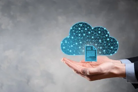 Cloud technology. Polygonal wireframe cloud storage sign with document icon o Stock Photos