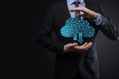 Cloud technology. Polygonal wireframe cloud storage sign with two arrows up a Stock Photos