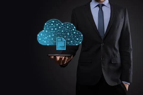 Cloud technology. Polygonal wireframe cloud storage sign with document icon o Stock Photos