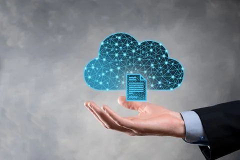 Cloud technology. Polygonal wireframe cloud storage sign with document icon o Foto stock