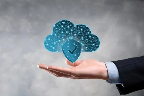 Cloud technology. Polygonal wireframe cloud storage sign with shield with a t Фото