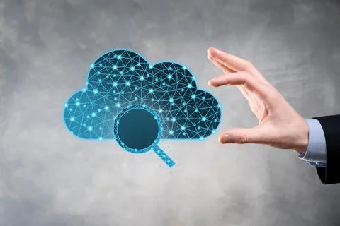 Cloud technology. Polygonal wireframe cloud storage sign with search magnifie Stock Photos