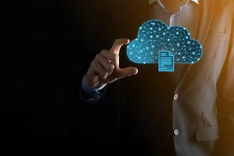 Cloud technology. Polygonal wireframe cloud storage sign with document icon o Foto stock