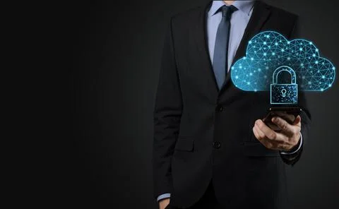 Cloud technology. Polygonal wireframe cloud storage sign with padlock on dark 스톡 사진