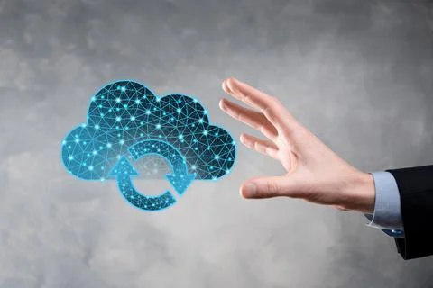 Cloud technology. Polygonal wireframe cloud storage sign with two arrows up a 스톡 사진