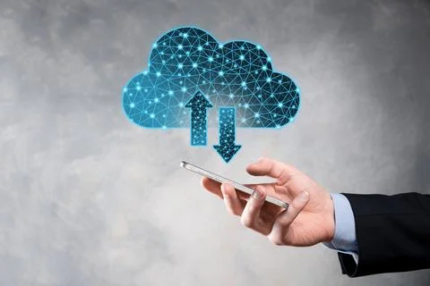 Cloud technology. Polygonal wireframe cloud storage sign with two arrows up a Stock Photos