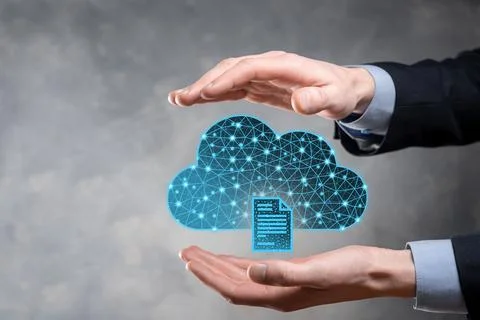 Cloud technology. Polygonal wireframe cloud storage sign with document icon o 写真素材