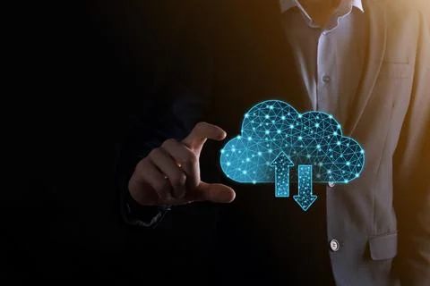 Cloud technology. Polygonal wireframe cloud storage sign with two arrows up a Stockfoto's