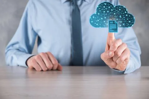 Cloud technology. Polygonal wireframe cloud storage sign with document icon o 写真素材
