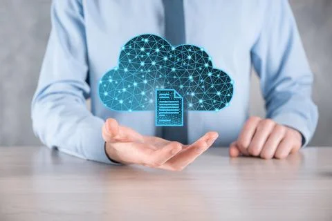 Cloud technology. Polygonal wireframe cloud storage sign with document icon o Foto stock