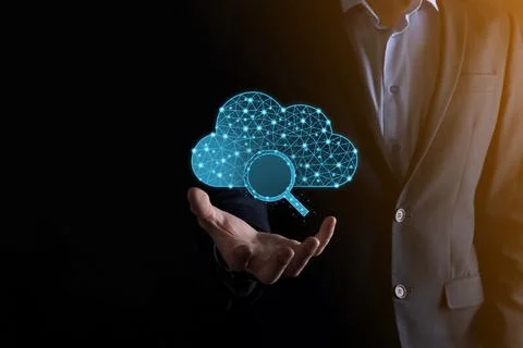 Cloud technology. Polygonal wireframe cloud storage sign with search magnifie Stock Photos