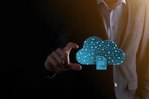 Cloud technology. Polygonal wireframe cloud storage sign with document icon o 写真素材