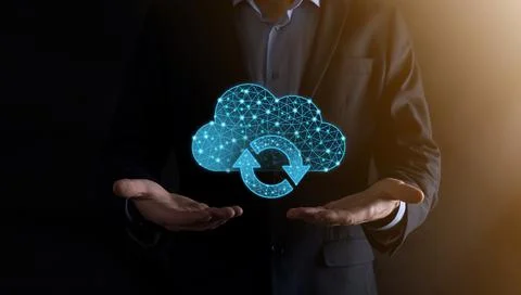 Cloud technology. Polygonal wireframe cloud storage sign with two arrows up a 스톡 사진