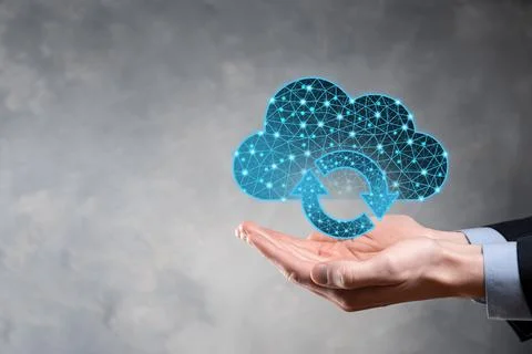 Cloud technology. Polygonal wireframe cloud storage sign with two arrows up a Stock Photos