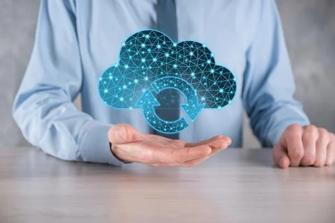 Cloud technology. Polygonal wireframe cloud storage sign with two arrows up a 스톡 사진