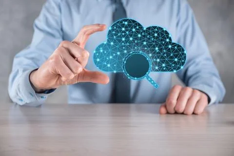 Cloud technology. Polygonal wireframe cloud storage sign with search magnifie Stock Photos