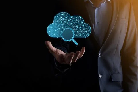 Cloud technology. Polygonal wireframe cloud storage sign with search magnifie Stock Photos