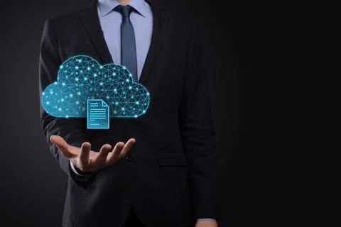 Cloud technology. Polygonal wireframe cloud storage sign with document icon o Foto stock
