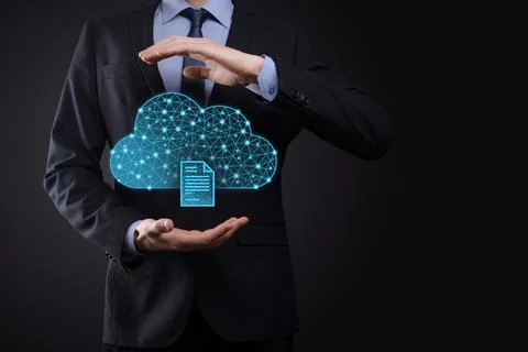 Cloud technology. Polygonal wireframe cloud storage sign with document icon o Stock Photos